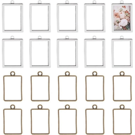 20pcs Open Bezel Photo Frame Pendant Rectangle Frame Hollow Charm for Display Picture Resin Crafts Jewelry Making - Antique Bronze & Silver