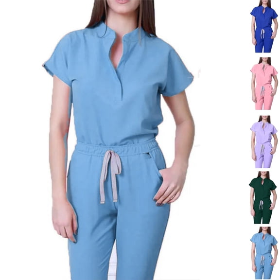 Scrubs for Women Set Stretch Nursing Uniforms V Neck Scrub Tops and Cargo Pants with Drawstring Quick Drying Medical Scrubs