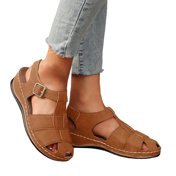 Fisherman Sandals for Women Splice T-Strap Closed Toe Cutout Slingback Walking Shoes Comfy Soft Sole Summer Wedges Brown Size 7