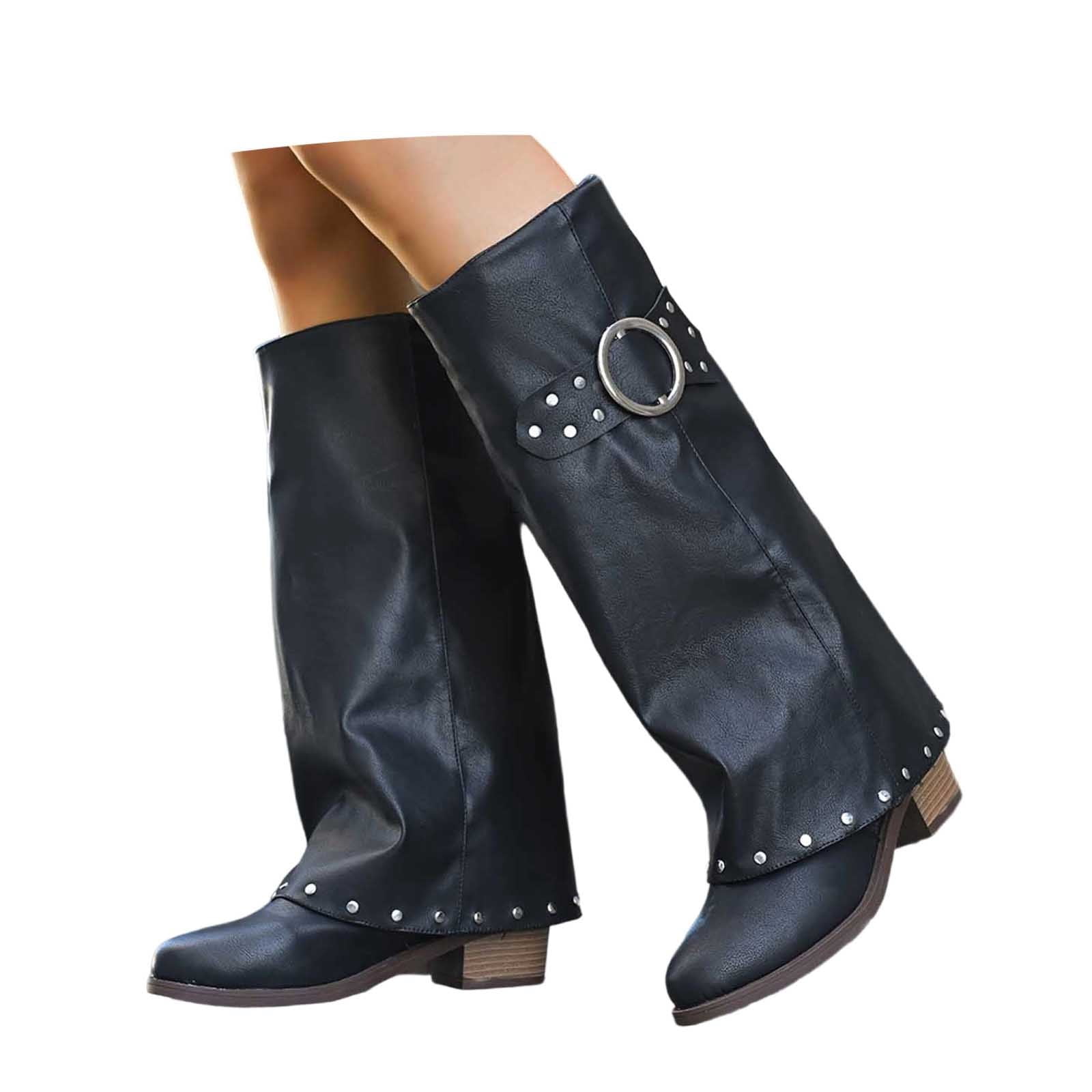 Bottes Pour Femme Style Cowboy - Bout Pointu, Tige Genou, Talon Plateforme - En Cuir Souple, Chaudes Et Confortables - Pour Automne/hiver - 11