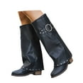 thumbnail image 4 of Aihuaihua Knee High Boots for Women Almond Toe Pull-on Wedge Heel Knee Shark Boot With Round Buckle Padlock Design Wide Calf Fashion Boots Shoes, 4 of 10