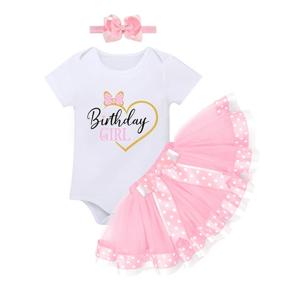 FYMNSI Baby Girl Toddler Kids 1/2 1st 2nd Birthday Cake Smash Outfit Short Sleeve Romper Tutu Skirt Bowknot Headband 3pcs Set 1 Year Pink - Love Heart
