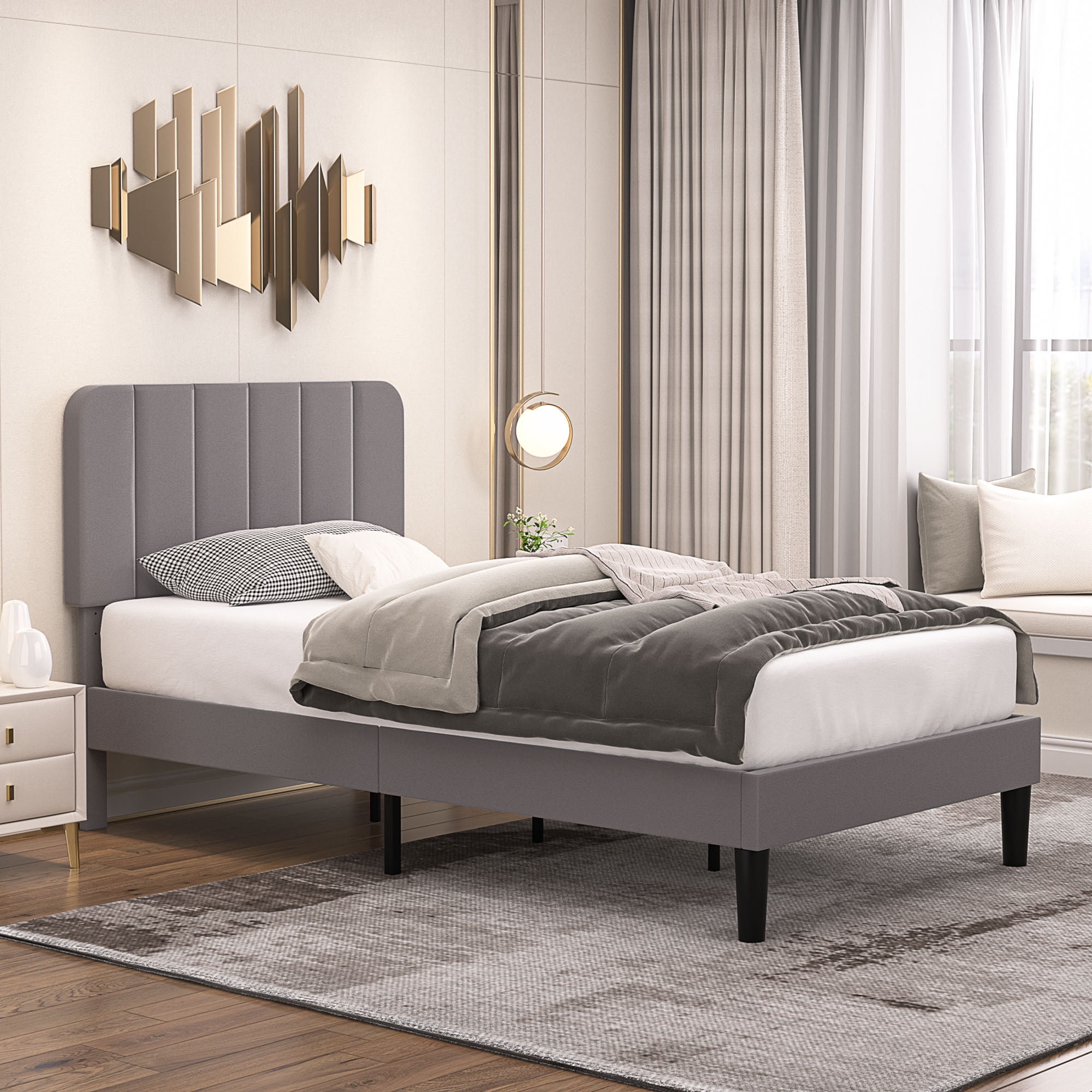 VECELO Twin Size Bed Frame, Upholstered Platform Bed Frame with Adjustable Headboard, No Box Spring Needed, Easy Assembly, Dark Gray
