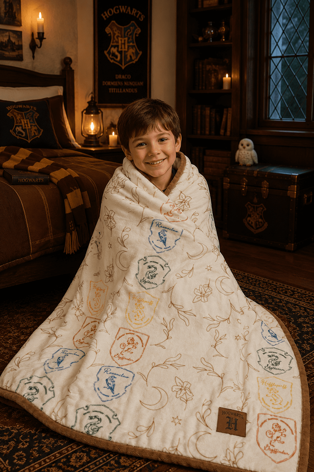 Harry Potter House Pattern Silk Touch Mink Velvet Throw with Leather Patch, 60x70 inches