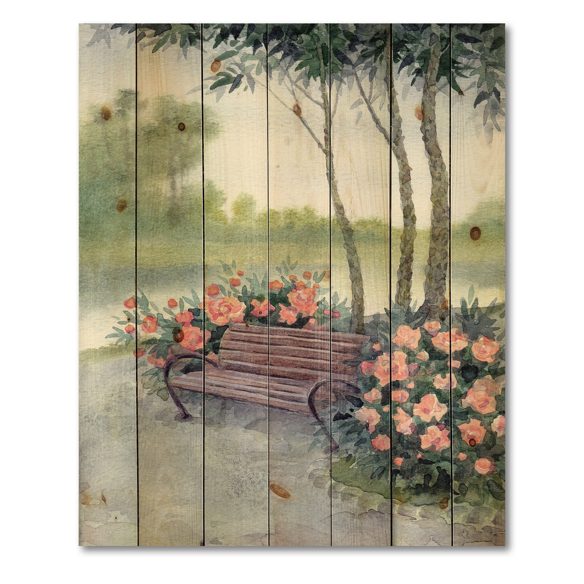 Designart 'Bench In Park By The Pions Flowers Bushes' Traditional Print on Natural Pine Wood
