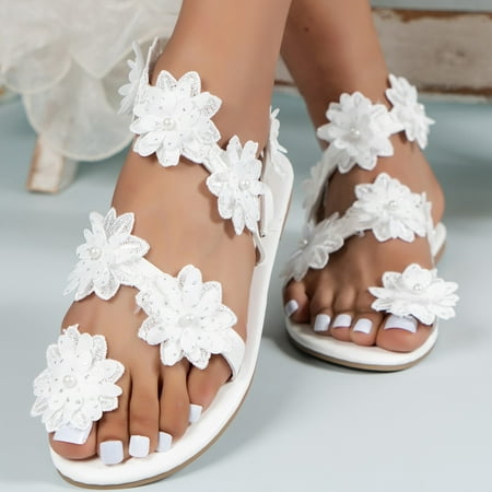 

XIAQUJ Ladies Sandals Summer Flat Clip Toe Plus Size Shoes Elegant White Shoes Beach Wedding Party Sandals Sandals for Women White 7(38)
