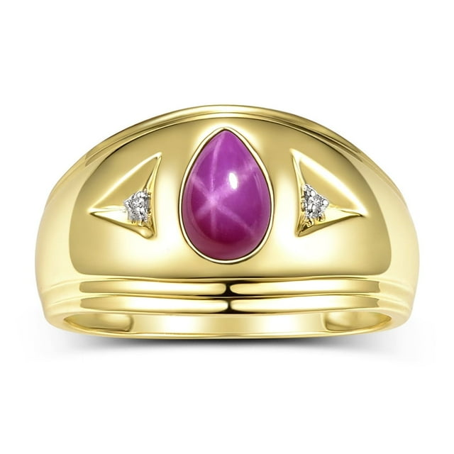RYLOS Men's Rings Yellow Gold Plated Silver Pear Shape Tear Drop Cabochon Gemstone & Diamond Rings; Star Ruby Size 11