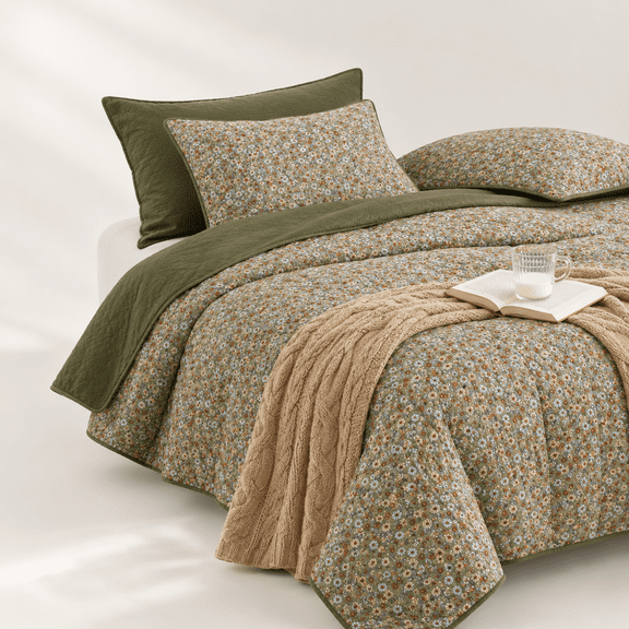 - Flquilt Set Cute Vintflowertagecore Shabby Chic For Women Teen Reversible Lightweight Bedspread Coverlet 3 Pieces Olive Green/x