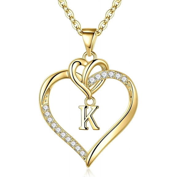 Heart Initial Necklaces For Women, 14K Gold Plated Cubic Zirconia Heart Initial A-Z Pendant Necklace Dainty Heart Necklaces For Women Jewelry Gifts[o3018]