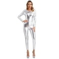 thumbnail image 2 of inlzdz Womens Shiny Metallic Unitard Long Sleeve Slim Fit Jumpsuits Silver M, 2 of 7