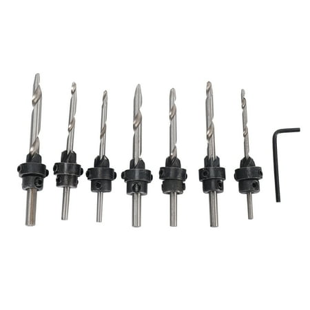 

7-Pcs Countersink Drill Bit Set with Stop Collars & Wrench Perfect for Wood | Quick Change Pre-Drill Counterbore Drill Bits Made for Screw Sizes # 5 6 7 8 9 10 12.