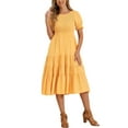 thumbnail image 1 of Vestido de mujer con volantes y smock, cuello redondo, mangas cortas con elástico, estilo casual A-Line, tamaño S, color naranja claro, 1 of 5