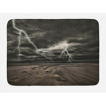 Nature Bath Mat, Thunder Flashes across the Sandy Beach from A Powerful Storm Radiant Beams Print, Non-Slip Plush Mat Bathroom Kitchen Laundry Room Decor, 29.5 X 17.5 Inches, Grey Brown, Ambesonne