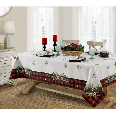 

Lintex Aspen Red Black Plaid and Garland Bordered Christmas Tablecloth Cottage Check Bordered Xmas and Holiday Print Easy Care Fabric Tablecloth 60 Inch x 144 Inch Oblong/Rectangle