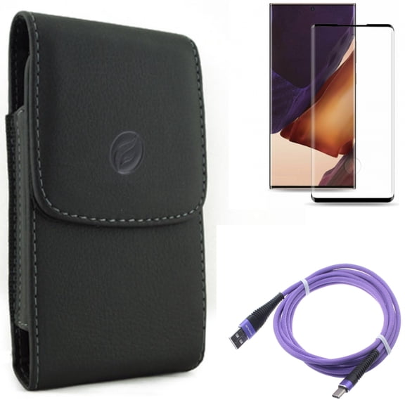 Case Belt Clip & 10ft USB Cable & Screen Protector for Samsung Galaxy Note 20 Ultra (6.9") - Combo with Leather Holster & Purple Type-C & Tempered Glass (Fingerprint Unlock)