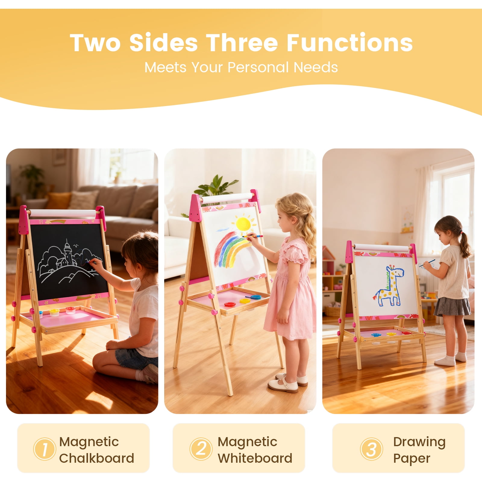 CONCETTA Kids Easel, Double-Sided Magnet Whiteboard & Chalkboard with Paper Roll, Storage Shelf & Accessories, Pink