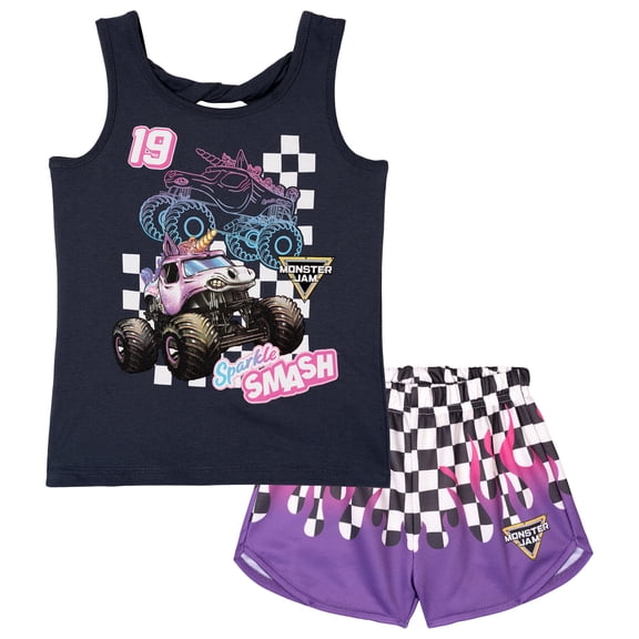 Monster Jam Toddler Girls' Athletic 2-Piece Tank Top and Shorts Set Grey Sparkle Smash
