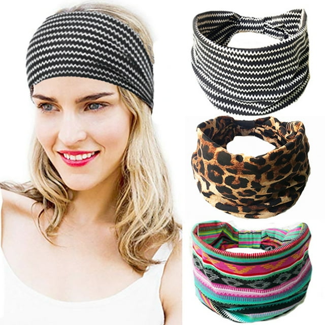 Bandeau Torsadé Boho 3 Pcs Imprimé Léopard Élastique Mode Bandeau de Yoga