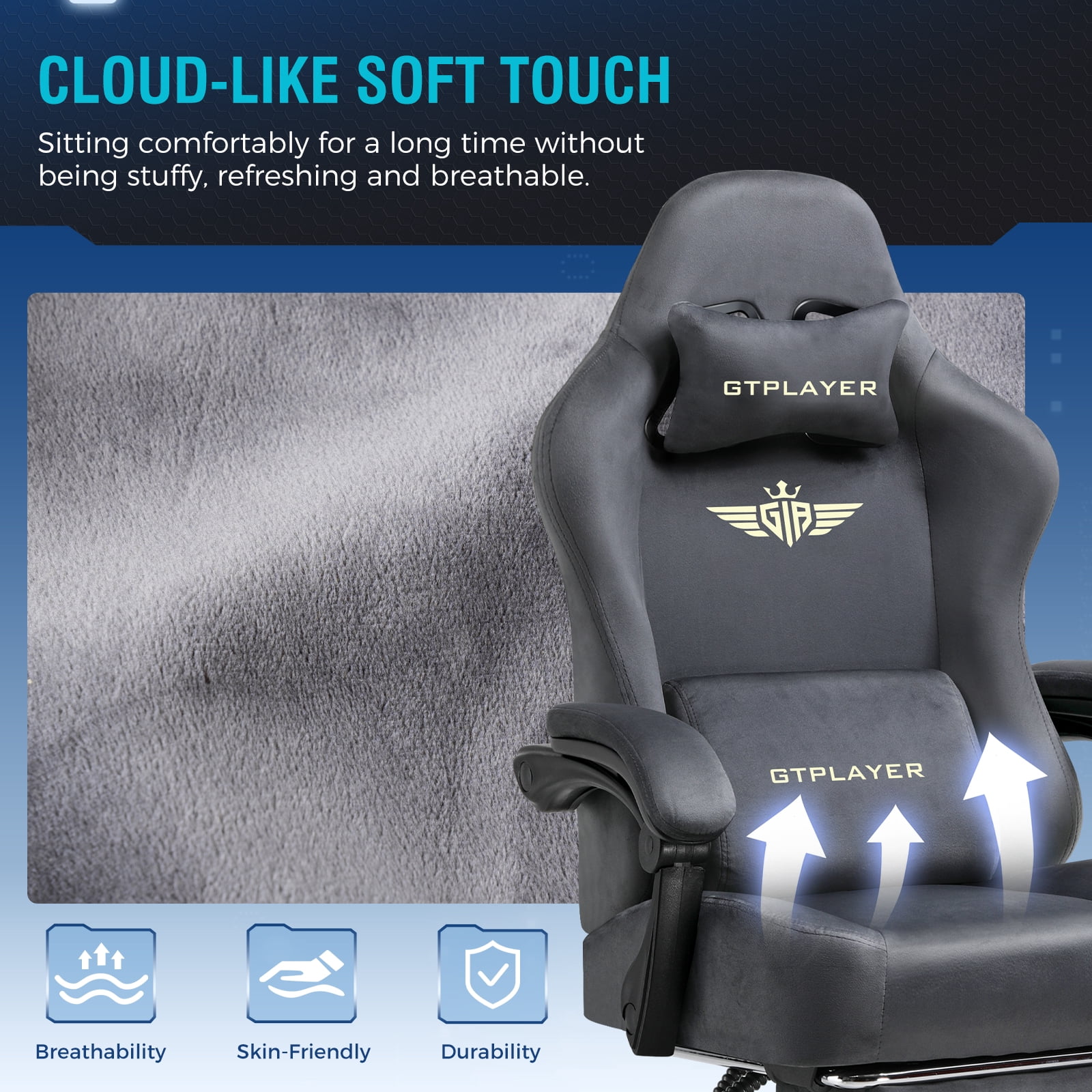 GTPLAYER Big & Tall Fabric Swivel Gaming Office Chair with Pocket Spring Cushion and Footrest, Gray
