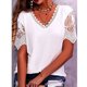 thumbnail image 2 of Blusa casual de manga corta con cuello en V y ribete de encaje de color puro para mujer para uso diario Blanco L, 2 of 4