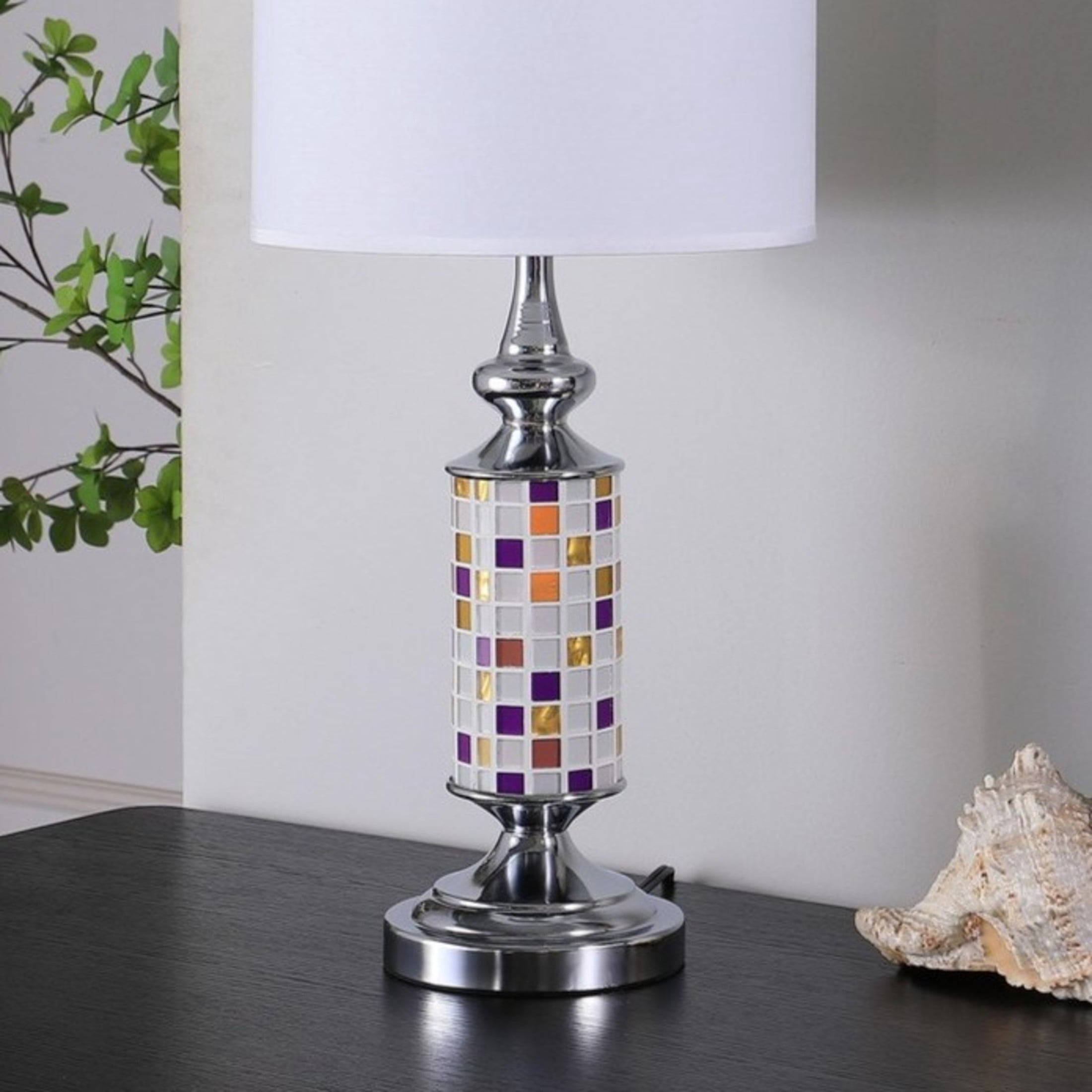 Noble House Vicki 24" Glass Mosaic Table Lamp, Chrome Base, White Drum Shade, E26 Light Bulb, Silver