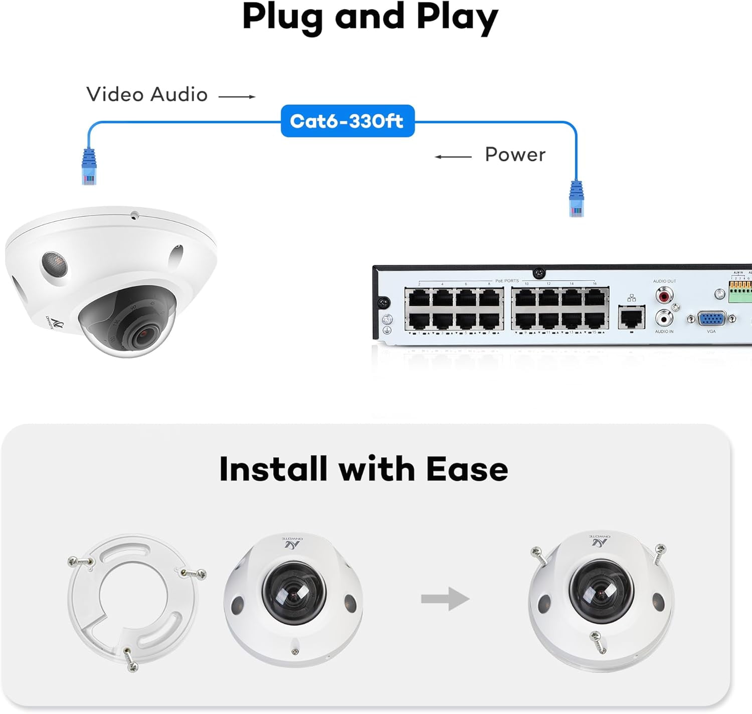 ONWOTE 4K 8MP PoE IP Security Camera Outdoor Dome, Vandal Proof IK10, 3840x2160 8 Megapixels, 134° Wide View, AI Human Vehicle Detection, Commercial Wired Camera for Business