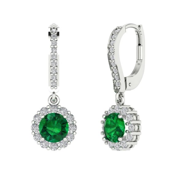 2.235 ct Lever-Back Drop Dangle Earrings for Women | 6mm Round Cut Simulated Emerald | 18K White Gold