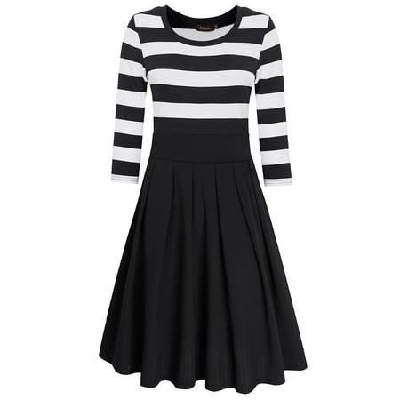 HiQueen Women Casual Scoop Neck 3/4 Sleeve A-Line Swing Dress Stripe Modest Dresses Color:Black (Best Modest Clothing Sites)