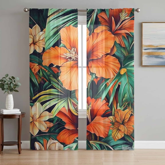 Burnt Orange Floral Sheer Curtains 84 Inch Length 2 Panels Set, Tropical Botanical Leaves Floral Voile Window Treatment Rod Pocket Curtains Sheers Drapes for Bedroom/Living Room/Kitchen 52"x84"x2