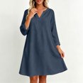 thumbnail image 6 of Bosfbaoi Linen Dresses for Women V Notch Neck 3/4 Roll Sleeve Loose A‑Line Short Dress with Side Pockets, 6 of 7