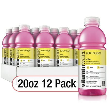 vitaminwater zero sugar shine, electrolyte enhanced water w/ vitamins, strawberry lemonade drinks, 20 fl oz, 12 Pack