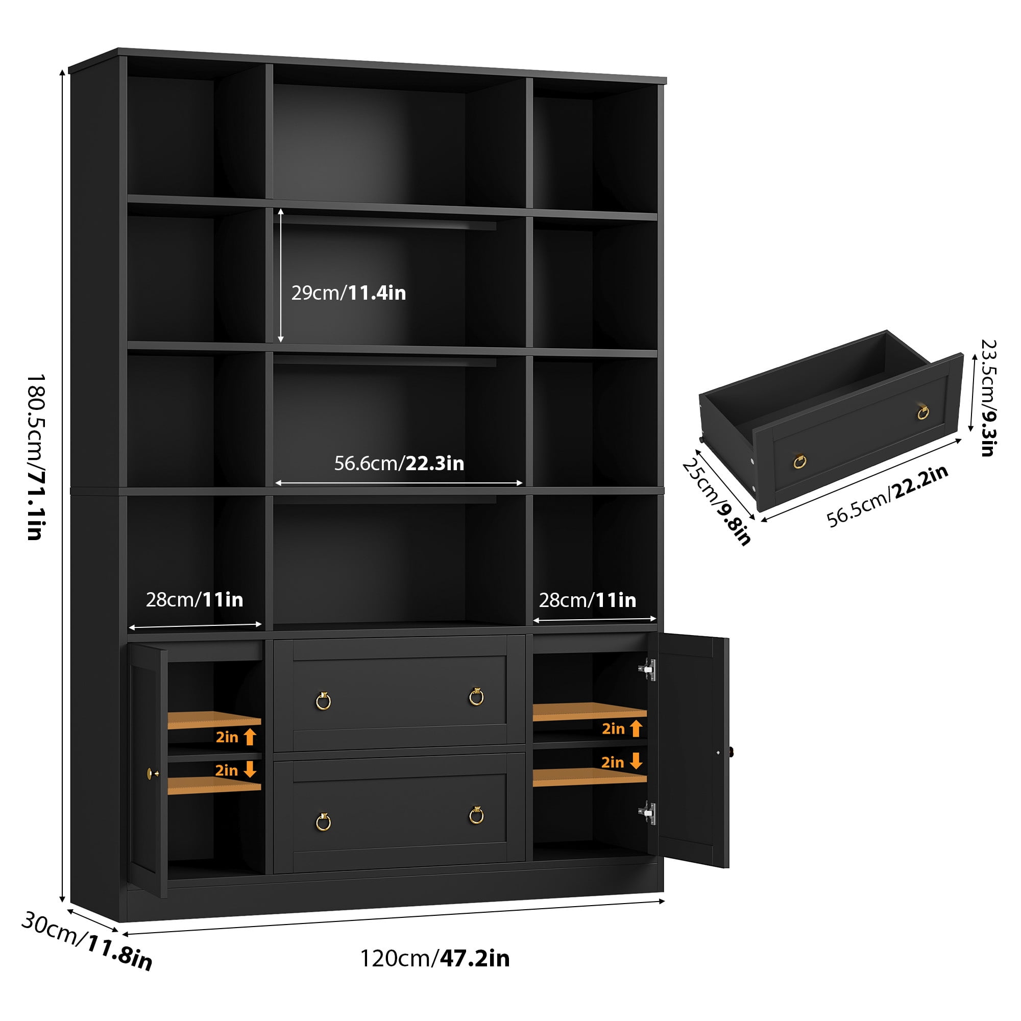 Homfa 71″ Tall Bookcases with Storage Drawers & Doors, 12 Cubes 4-Tier Triple Row Bookshelf, Black Bookcase for Living Room Home Office
