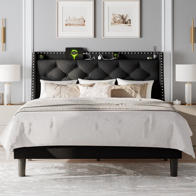 Feonase Queen Bed Frame with Luxury Wingback and Fast Charging Station,Upholstered Button Tufted Storage Headboard Platform Bed,Sturdy Wooden Slats Support,Noise-Free,Easy Assembly,Matte Black