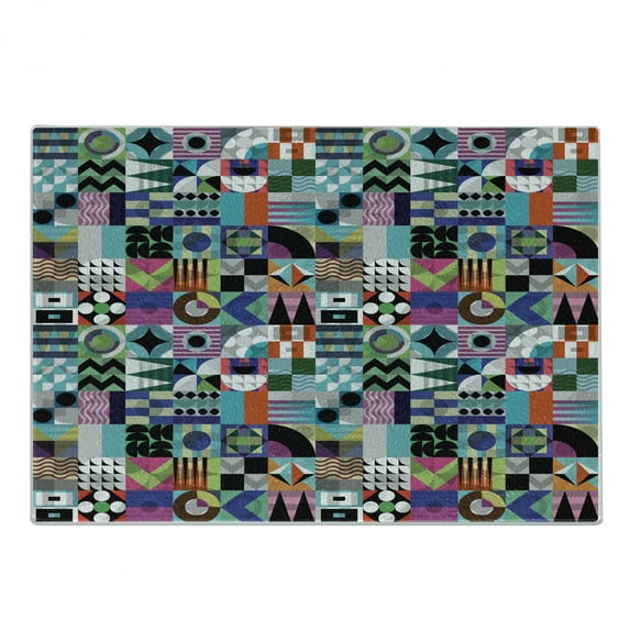 Mid Century Cutting Board, Mix of Various Different Geometric Shapes in Squares Funky Sixties Revival, Decorative Tempered Glass Cutting and Serving Board, Small Size, Multicolor, by Ambesonne