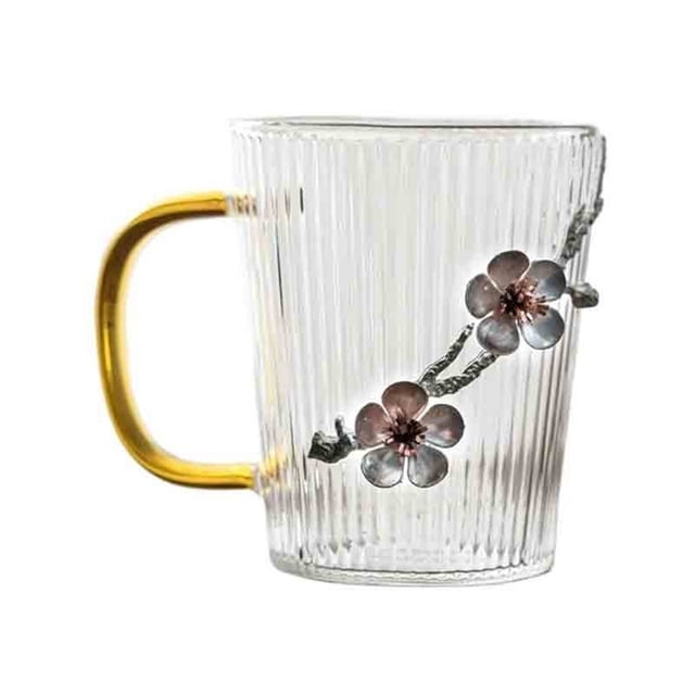 Taza de café de vidrio borosilicato transparente de 250 ml con asa, vaso for bebidas con rayas verticales y decoración de flor de ciruelo de hojalata