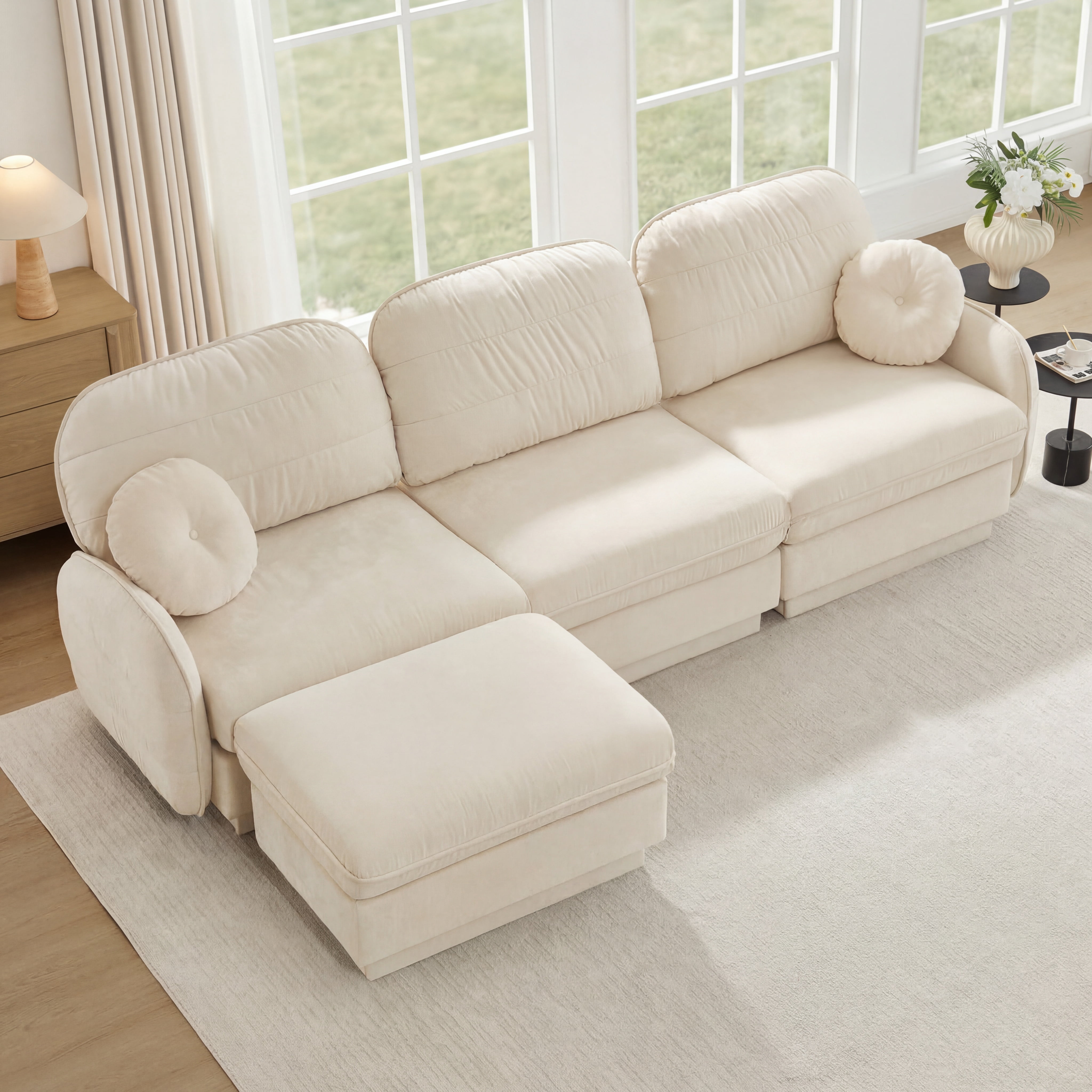 Mintazer 105" Chenille Cloud 3-Seater Modular Sectional Sofa with Movable Ottoman & Round Pillows, L-Shaped Ergonomic Sofa Couch for Living Room, Apartment, Cream