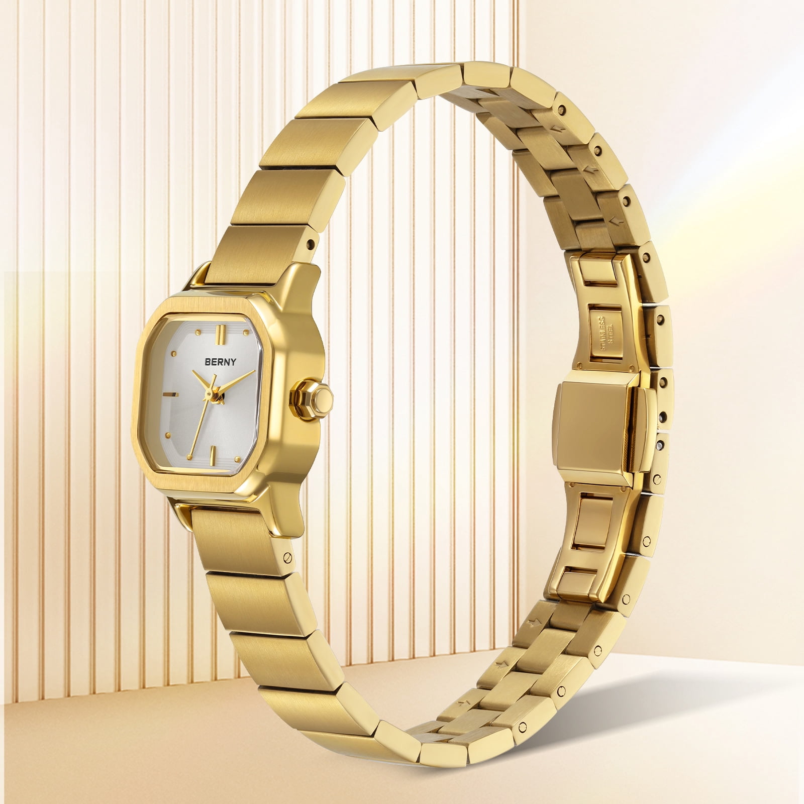 BERNY Small Gold Watches for Women, Dainty Minimalist Dress Watch with Square Dial, Vintage Stainless Steel Bracelet Watch, Waterproof, Ladies Luxury Gifts (White)