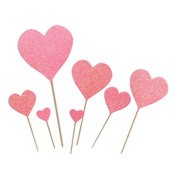 Masteelf Heart Shaped Glitter Pink Paper Cake Toppers for Birthday Parties and Cake Decorating 7 Pieces