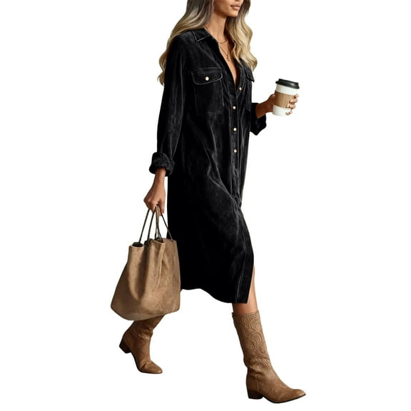 Corduroy Dress for Women Long Sleeve Shift Dress Button Down V Neck Midi Dress