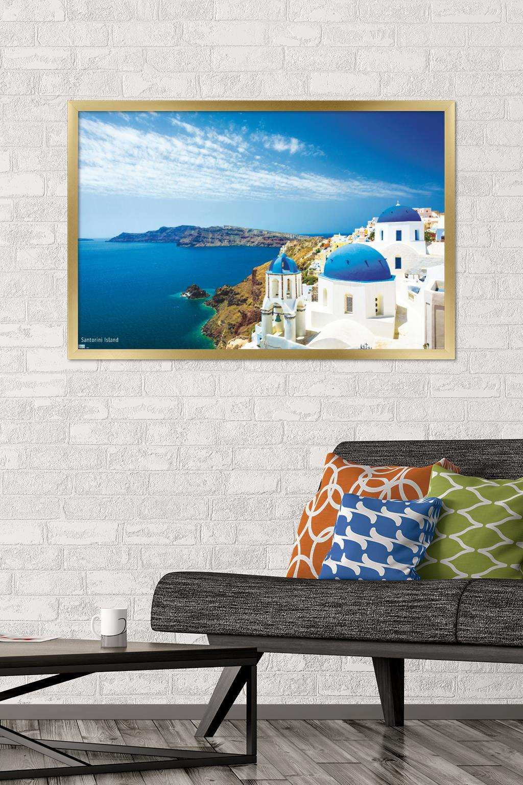Santorini Island Wall Poster, 22.375" x 34", Framed