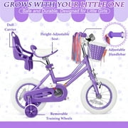 XJD 12 inch Kids Girls Bike for 3-12 Years Old Toddlers, Princess Children Bicycle with Training Wheels, Streamers, Basket, Doll Seat, Purple