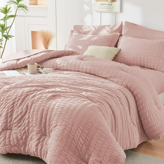 Rose Gold Queen Comforter Set Seersucker 7 Pieces, All Season Luxury Bed in a Bag for Bedroom, Bedding Set with Comforters, Sheets, Pillowcases & Shams