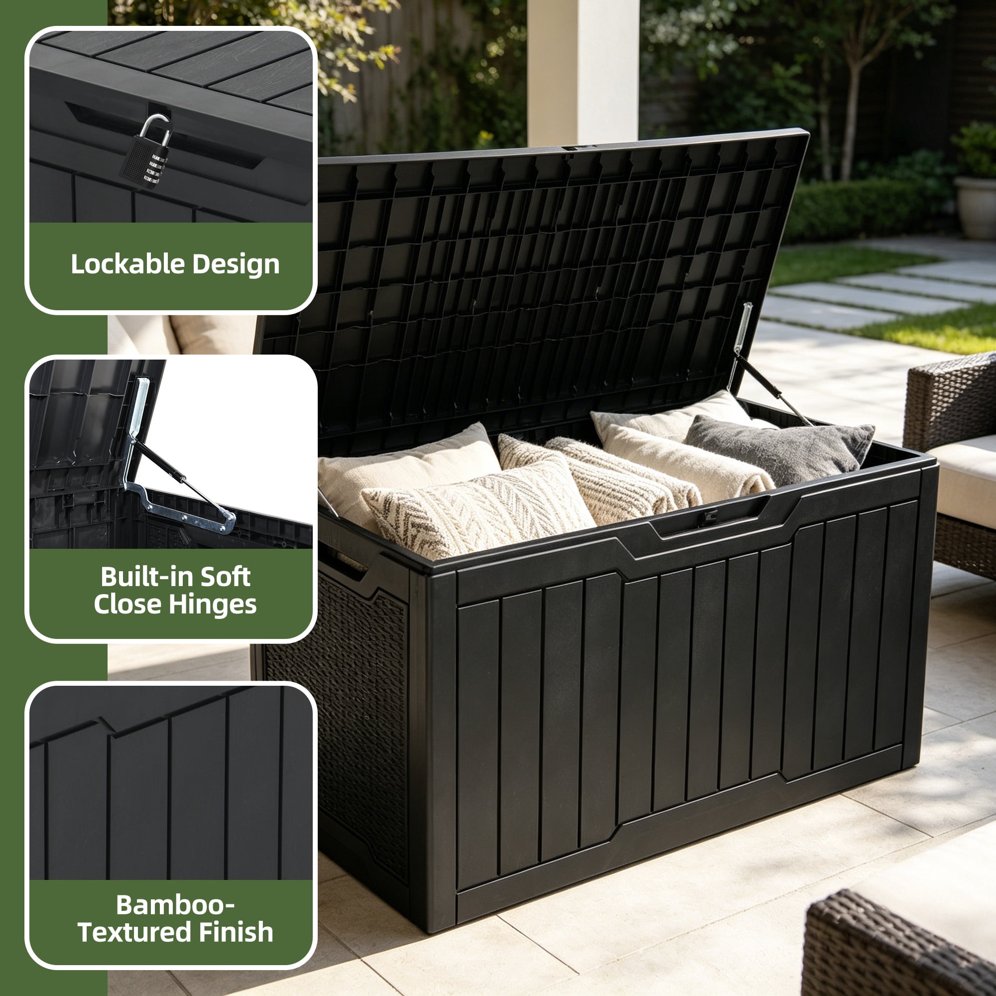 Uforic 100 Gallon Resin Deck Box, Waterproof Lockable Outdoor Storage Box for Patio Cushions Garden Tools Pool Supplies, Black