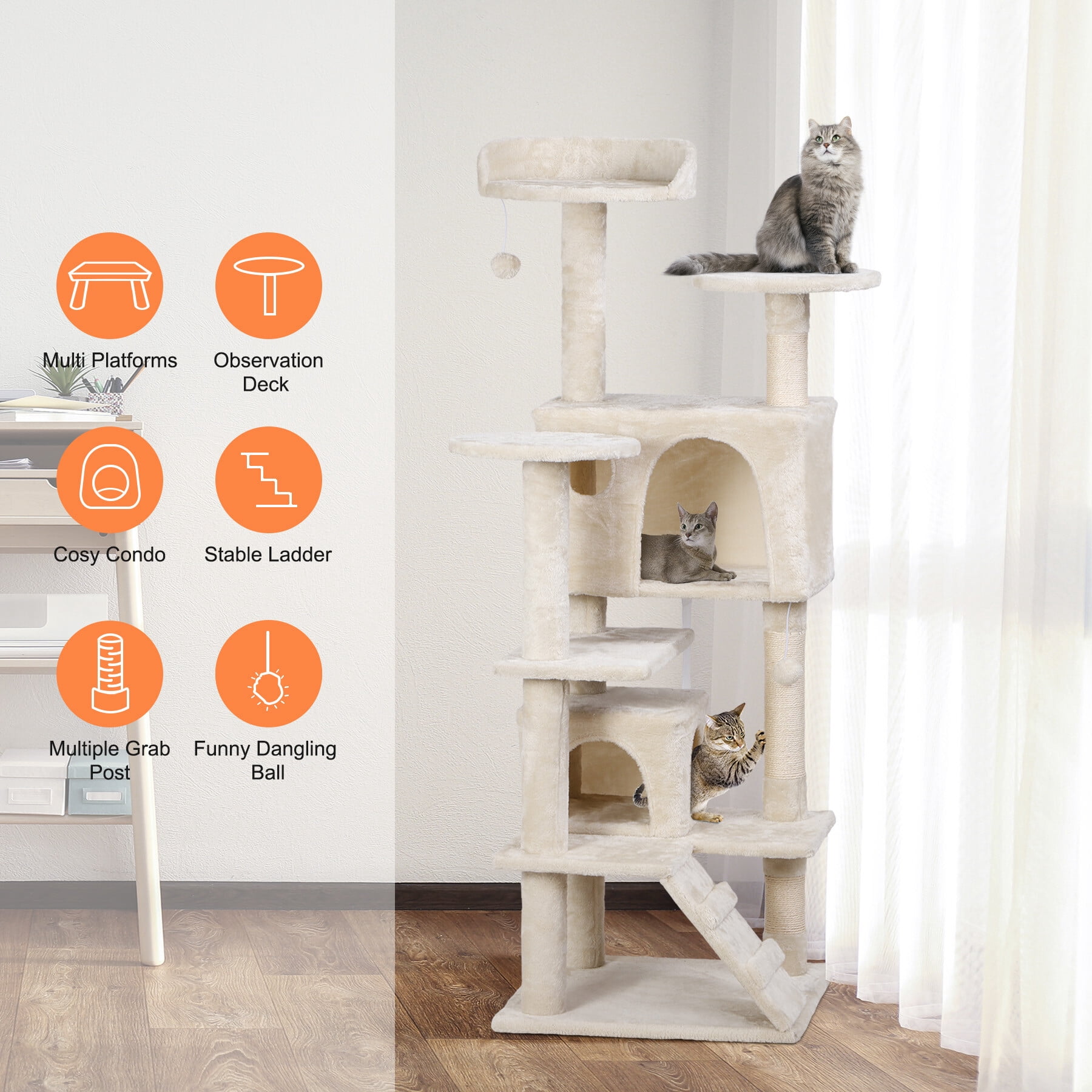 ZENSTYLE 53" Cat Tree Scratching Post Condo Tower Pet Kitty Playhouse, Beige