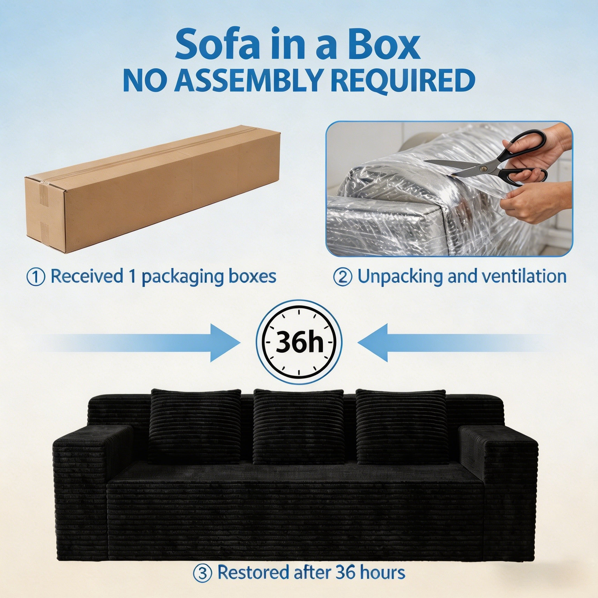Modern 71" Corduroy Sofa, No Assembly Deep Seat Couch in a Box for Living Room, Black
