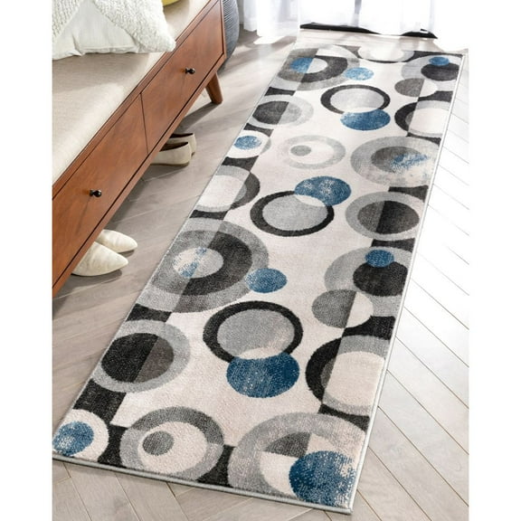 Well Woven Avri Grey & Blue Boxes & Circles Border Pattern Runner Rug 2x7 (2'3" x 7'3")