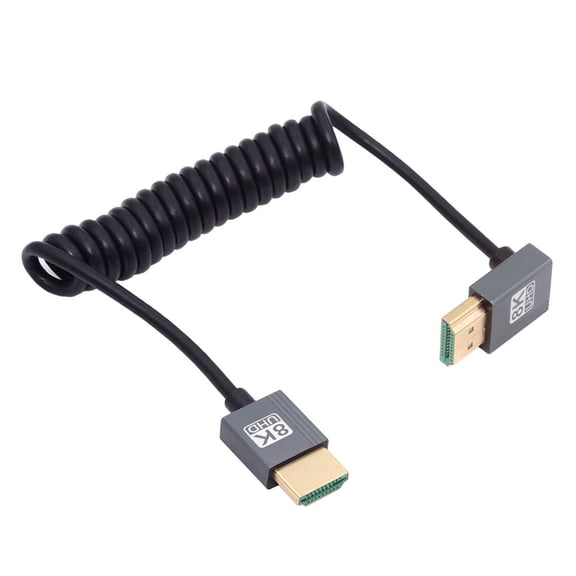 FVH HDMI 2.1 Male to HDMI Male 8K 60hz Stretch Coiled Cable Up Angled 90 Degree for HDTV Computer Laptop Monitor