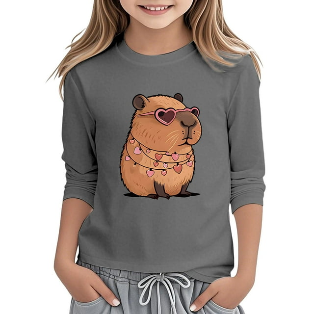 HUANBAI Hauts Décontractés à Manches Longues pour Filles Imprimé Capybara Col Rond T-Shirts pour Usage Quotidien École Activités Extérieures Tissu Doux Confortable Tenue 3-12 Ans Chemises pour Tout-Petits 7-8 Ans