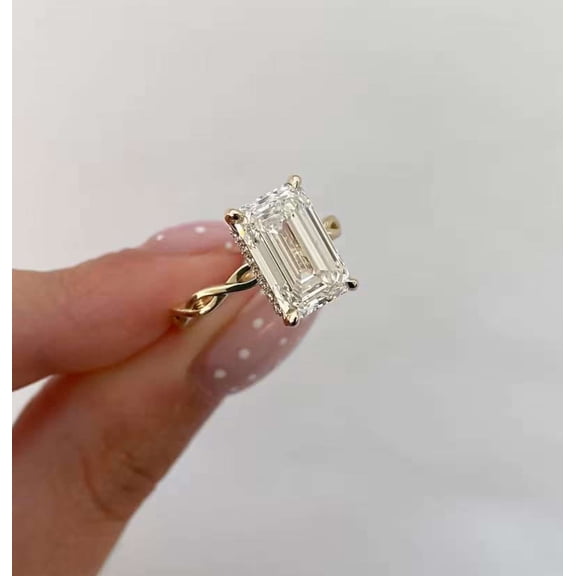 vylahjewellery Twisted Band Emerald Cut Wedding Ring Minimalist Moissanite Proposal Ring Hidden Halo Vermeil Yellow Gold Handmade Jewelery for Women