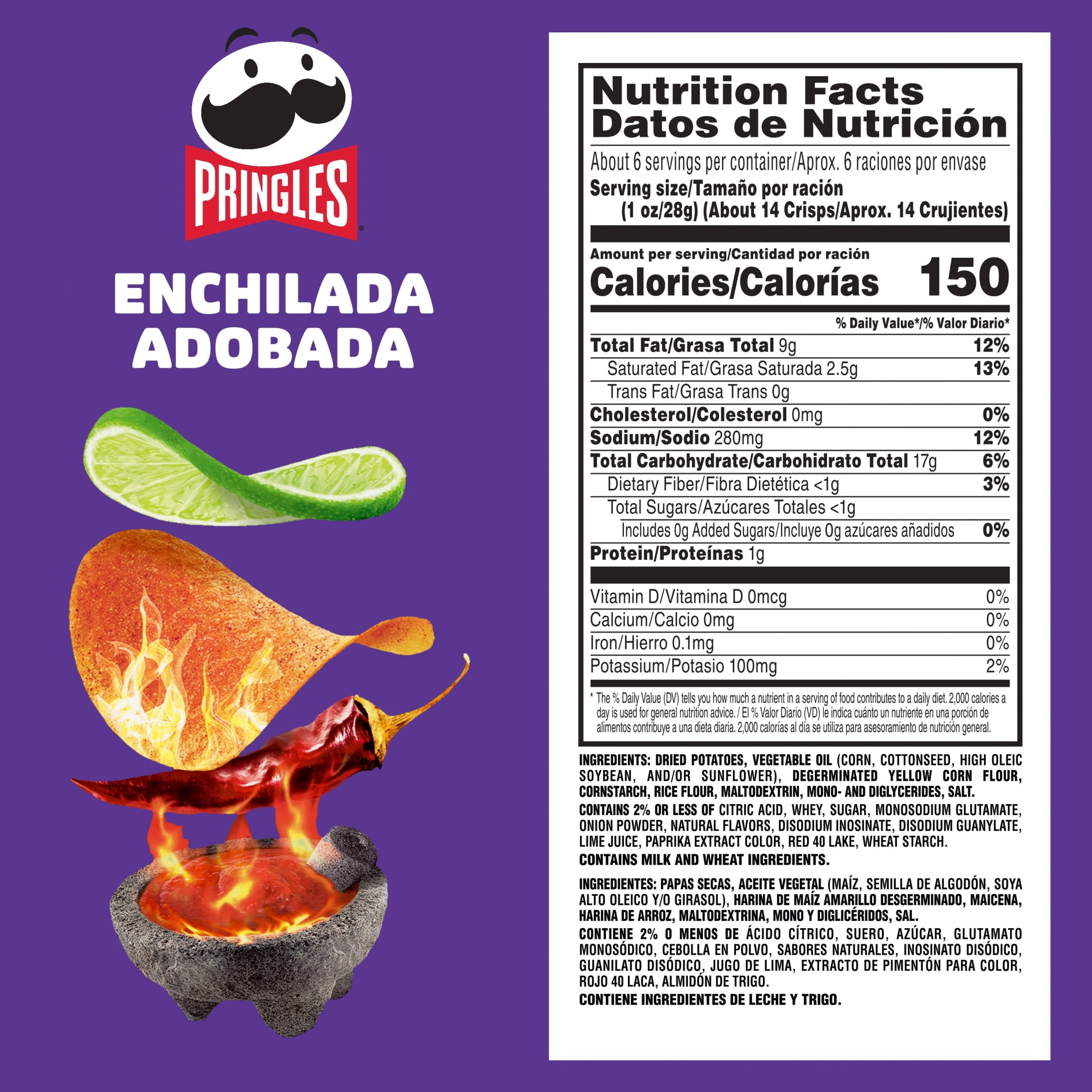 (14 pack) Pringles Enchilada Adobada Potato Crisps Chips, Lunch Snacks, 5.5 oz Canister